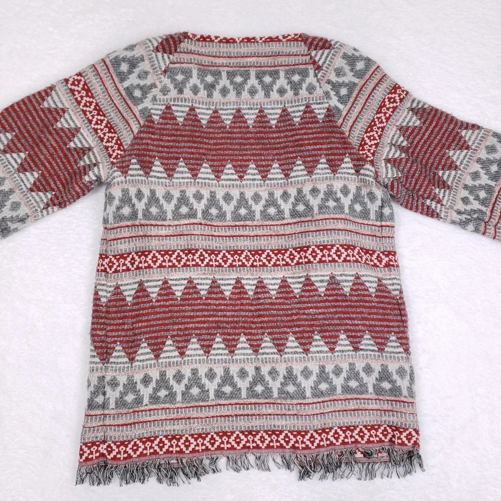 Roffe Fringe Cardigan Jacket Red Gray Fair Isle Boho Wool Blend Sweater Coat M‎